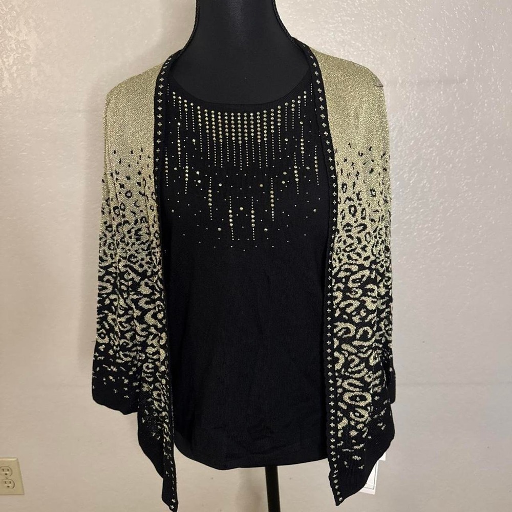Alfred Dunner Black and gold leopard print cardigan